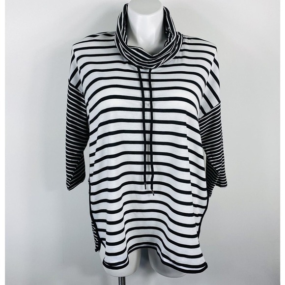 Avenue Plus Size 18 20 Striped Funnel Neck Pullover Top Black White 3/4 Sleeve - Picture 1 of 5